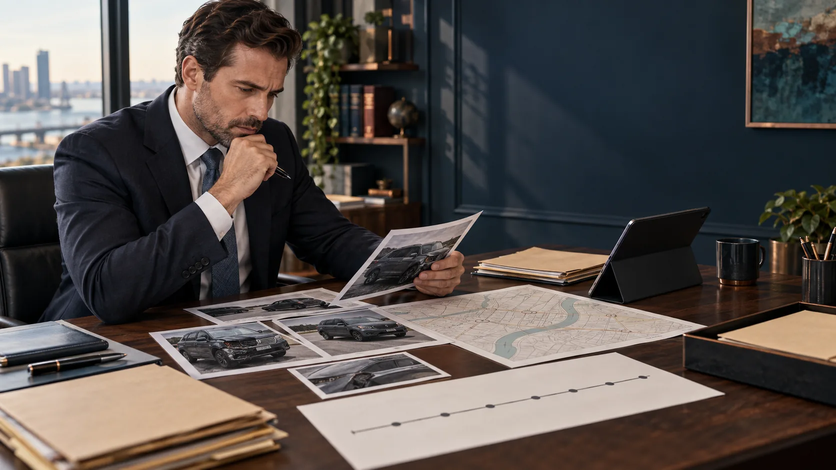 Illustrative image of a fictional attorney reviewing vehicle photographs, an abstract map, and a timeline