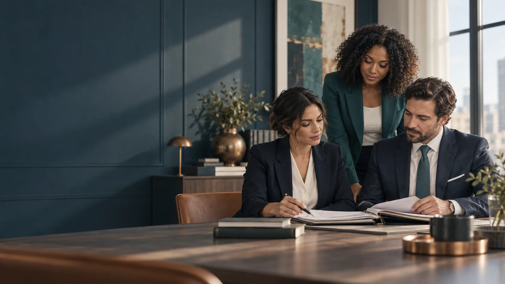 Illustrative image of a fictional legal team reviewing a case file