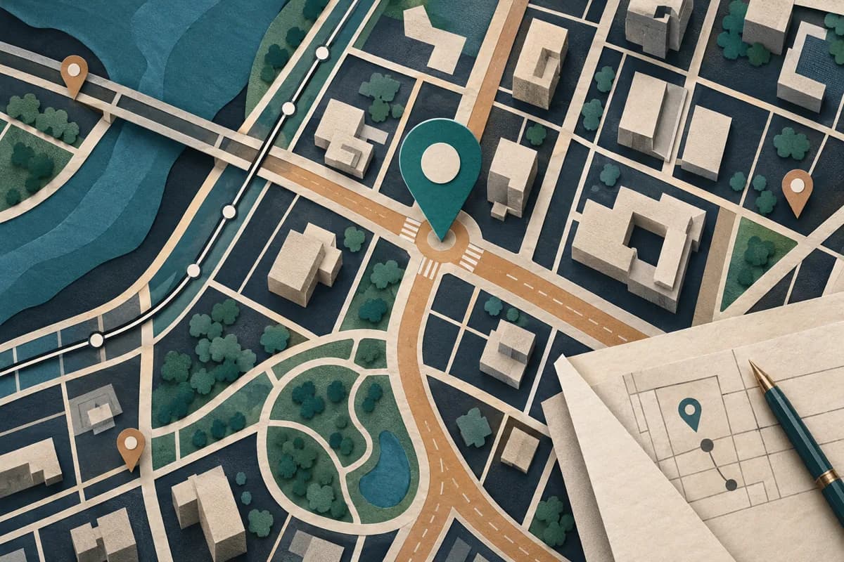 Illustrated city map with roads, transit, parks, buildings, and research location pins